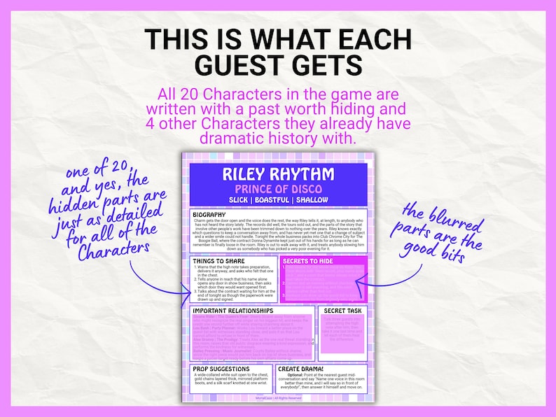 May include: A purple and white character profile sheet for a game titled Riley Rhythm, Prince of Disco. The document includes sections for biography, things to share, secrets to hide, important relationships, secret task, and prop suggestions.