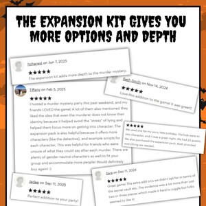May include: A graphic display featuring the text THE EXPANSION KIT GIVES YOU MORE OPTIONS AND DEPTH at the top, overlaid with five customer reviews for a murder mystery game, each showing a five-star rating and written feedback.