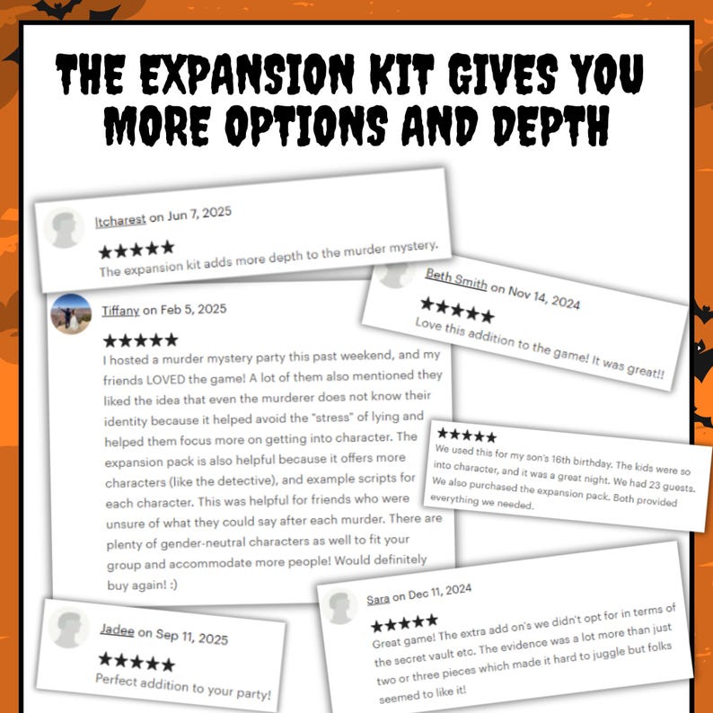 May include: A graphic display featuring the text THE EXPANSION KIT GIVES YOU MORE OPTIONS AND DEPTH at the top, overlaid with five customer reviews for a murder mystery game, each showing a five-star rating and written feedback.