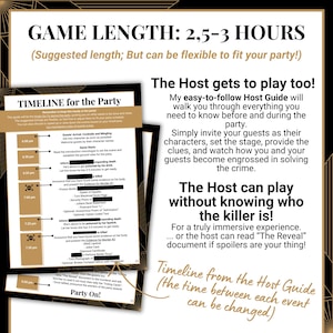 May include: A murder mystery party game guide featuring a timeline document with black and gold borders. The text includes GAME LENGTH: 2,5-3 HOURS, The Host gets to play too!, and The Host can play without knowing who the killer is!.