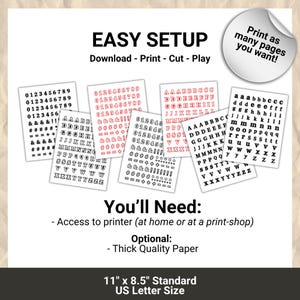 Może przedstawiać: Drukowane arkusze alfabetu i liczb w r&oacute;żnych czcionkach i kolorach. Arkusze zawierają liczby, litery i symbole, z tekstem "EASY SETUP" i instrukcjami. Rozmiar papieru: 27,9 cm x 21,6 cm.