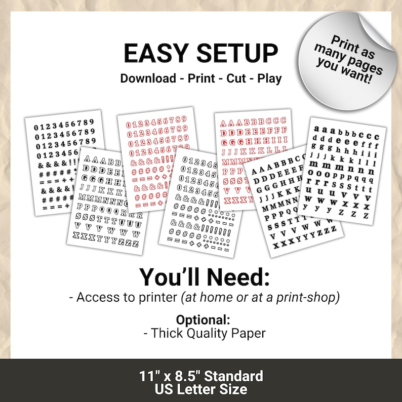 Może przedstawiać: Drukowane arkusze alfabetu i liczb w r&oacute;żnych czcionkach i kolorach. Arkusze zawierają liczby, litery i symbole, z tekstem "EASY SETUP" i instrukcjami. Rozmiar papieru: 27,9 cm x 21,6 cm.
