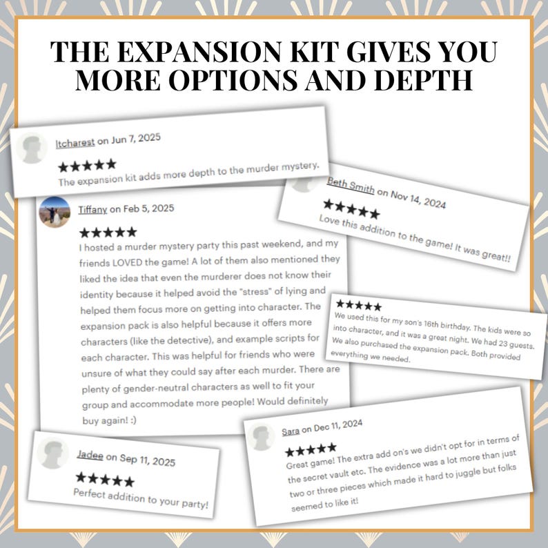 Puede incluir: Imagen de rese&ntilde;as de clientes para un kit de expansi&oacute;n de misterio de asesinato. El texto dice: "EL KIT DE EXPANSI&Oacute;N TE DA M&Aacute;S OPCIONES Y PROFUNDIDAD." Las rese&ntilde;as elogian la profundidad, los personajes adicionales y la mejora de la experiencia.