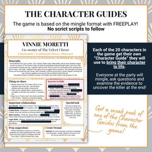 Puede incluir: Gu&iacute;a de personaje para Vinnie Moretti, copropietario de The Velvet Clover. La gu&iacute;a incluye biograf&iacute;a, secretos y sugerencias de accesorios para un juego de fiesta. La gu&iacute;a est&aacute; sobre un fondo crema con detalles dorados.