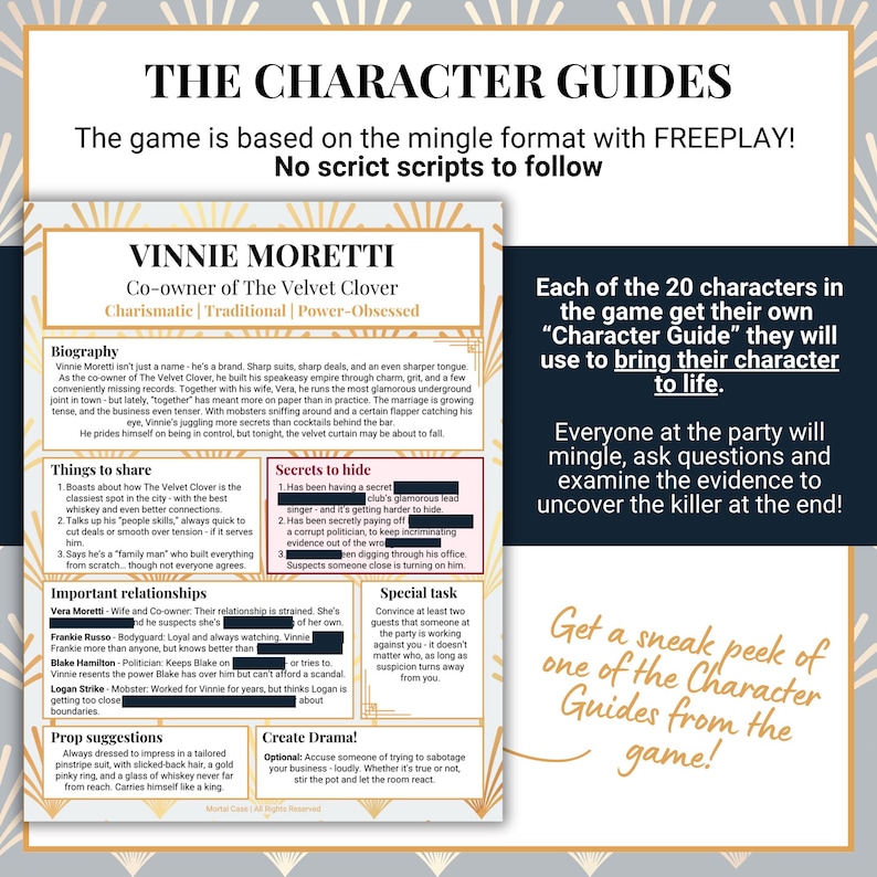 Puede incluir: Gu&iacute;a de personaje para Vinnie Moretti, copropietario de The Velvet Clover. La gu&iacute;a incluye biograf&iacute;a, secretos y sugerencias de accesorios para un juego de fiesta. La gu&iacute;a est&aacute; sobre un fondo crema con detalles dorados.