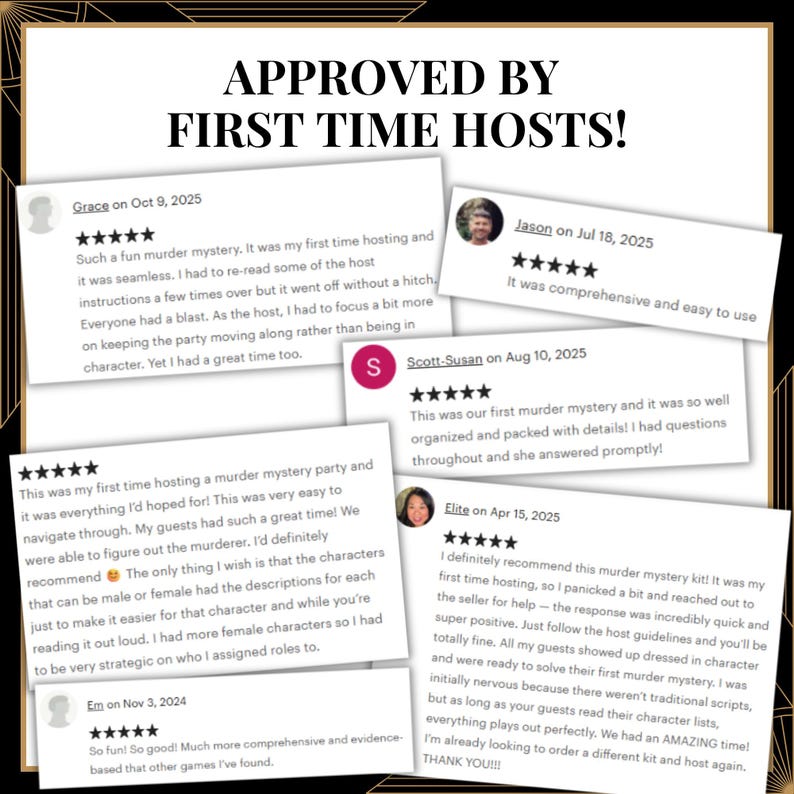 May include: A collection of five white rectangular customer review cards featuring five-star ratings and text testimonials. The header text reads APPROVED BY FIRST TIME HOSTS! in bold black capital letters against a white background.