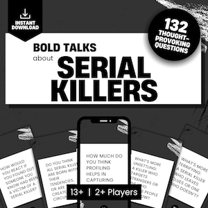 Vraagkaarten met seriemoordenaarthema, prompts voor gespreksstarters, misdaad Small Talk-feestspellen voor volwassenen, afdrukbare pdf, digitale download