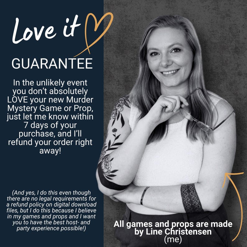 Puede incluir: Imagen en blanco y negro de una persona sonriendo sosteniendo gafas, con texto superpuesto. El texto dice "Love it" con un coraz&oacute;n, "GARANT&Iacute;A", y detalles sobre reembolsos para Murder Mystery Games y accesorios. El texto tambi&eacute;n indica que todos los juegos y accesorios est&aacute;n hechos por Line Christensen.