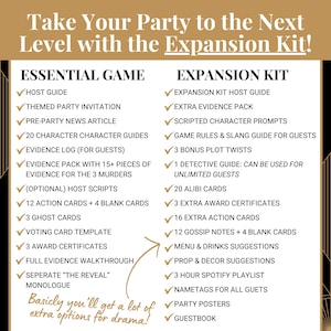 May include: A white informational chart with gold borders listing contents for an Essential Game and an Expansion Kit. Text includes Take Your Party to the Next Level with the Expansion Kit, lists of game components, and Basically you'll get a lot of extra options for drama!