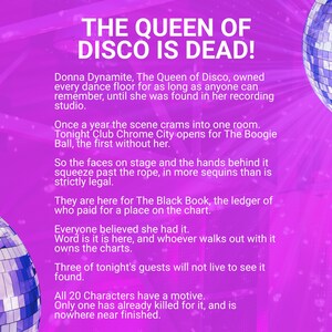May include: A bright purple graphic featuring two mirrored disco balls in the corners and white text that reads: THE QUEEN OF DISCO IS DEAD! Donna Dynamite, The Queen of Disco, owned every dance floor until she was found in her recording studio.
