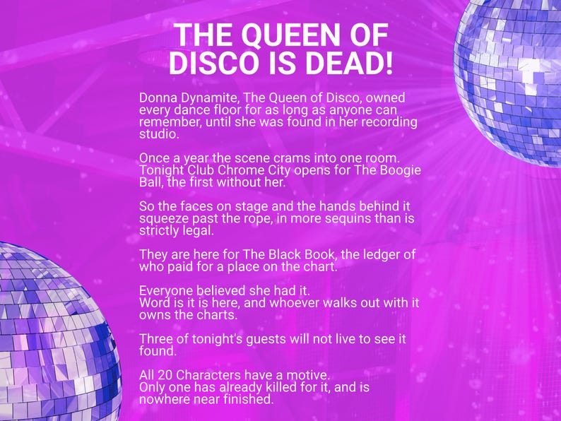 May include: A bright purple graphic featuring two mirrored disco balls in the corners and white text that reads: THE QUEEN OF DISCO IS DEAD! Donna Dynamite, The Queen of Disco, owned every dance floor until she was found in her recording studio.