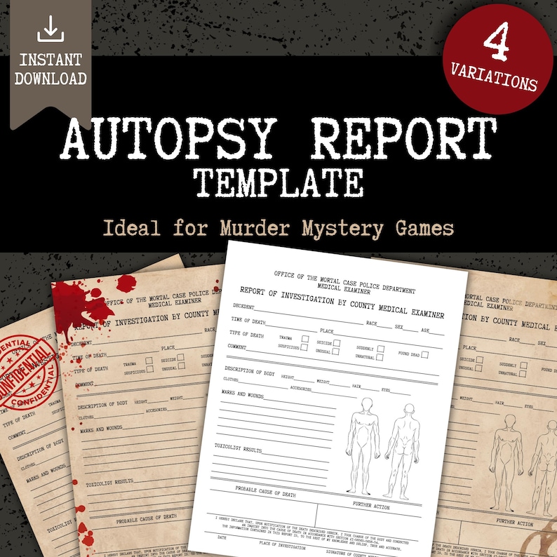 Vintage beige autopsy report document with a blood splatter for a murder mystery game. Authentic-style police evidence prop and detective party template, instant-download printable PDF, A4 and US Letter.