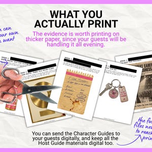 May include: A collection of printed game materials including a gold record plaque, a notepad with handwritten text, a keychain, and a vintage-style poster. The text reads WHAT YOU ACTUALLY PRINT and includes instructions for printing on thicker paper.