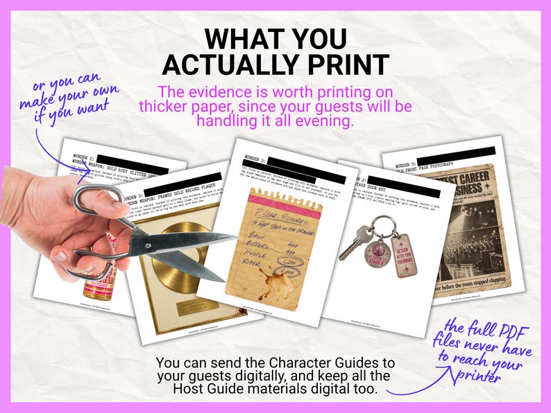 May include: A collection of printed game materials including a gold record plaque, a notepad with handwritten text, a keychain, and a vintage-style poster. The text reads WHAT YOU ACTUALLY PRINT and includes instructions for printing on thicker paper.