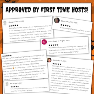 May include: A collection of five-star customer reviews for a murder mystery party kit, featuring the bold text APPROVED BY FIRST TIME HOSTS! at the top. The reviews include user names, dates, and detailed feedback about the hosting experience.