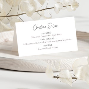 Cartões de lugar de casamento com escolha de refeição, cartão de lugar com nome de tenda com opção de comida, modelo de cartão de lugar personalizado, cartões de lugar com opção de refeição, WED13