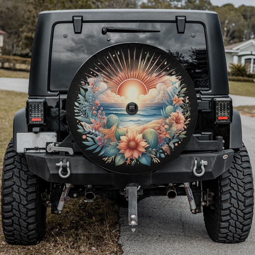 Beach Sunset Tire Cover, Spare Tire Cover, Floral Sunset Tire Cover