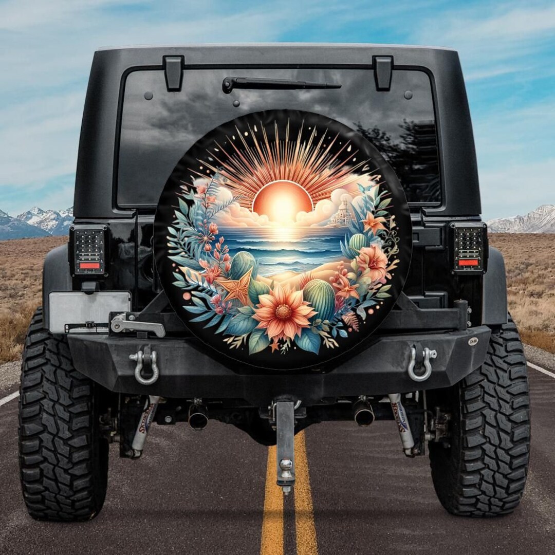 Beach Sunset Tire Cover, Spare Tire Cover, Floral Sunset Tire Cover