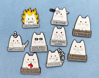Épingles de chat, sarcasme, boutons, épingles, amoureux, badges, chats, feu, pas aujourd'hui Satan, ironie, chat avec couteau
