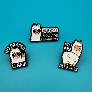 Könnte beinhalten: Drei Anstecknadeln mit Comic-Lamas auf türkisfarbenem Hintergrund. Eine Nadel sagt "No Drama Llama", eine andere sagt "Hey You! You Are Llamazing", und die dritte sagt "Kiss My Alpacass". Die Lamas tragen Sonnenbrillen.