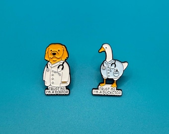 Ducktor, Dogtor, Épingles drôles, Cadeaux, Épingles drôles, Animal de compagnie, Sarcasme, Badge, Chien, Canard, Docteur