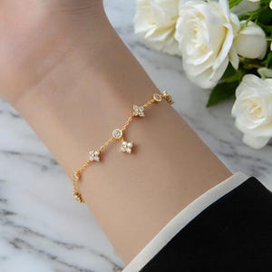 Four Leaf Lucky Clover Fashion Sterling Silver Gold Rose Gold Gemstone Diamond Flower Women&#39;s Adjustable Bracelet