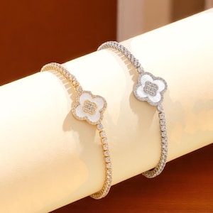Four Leaf Lucky Clover Zircon Diamond Gold Steel luxurious elegant Bracelet