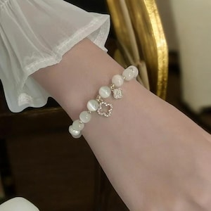 Four Leaf Lucky Fresh Water Gold Plated Pearl Pendant Twin Clover Adjustable Bracelet