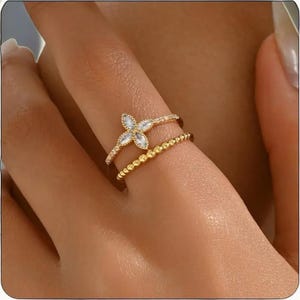 Four Leaf Lucky Clover Stunning Fashion 18K Gold Plated Stackable Double Adjustable Ring