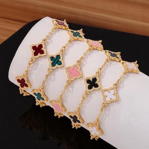 Four Leaf Lucky Clover Fashion Vintage Style Rhinestone Gold Plated Black White Red Green Blue Flower Adjustable Bracelet
