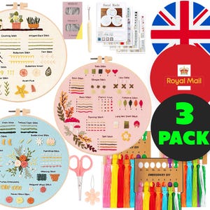 3 SET Beginner Embroidery Kit | Embroidery Set For Beginners | Starter Embroidery Kit, Modern Embroidery kit | Learn Flowers