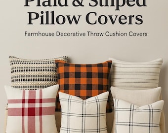Op de afbeelding: Een verzameling decoratieve sierkussenhoezen in boerderijstijl. De afbeelding toont kussens met ruit- en streepmotieven in verschillende kleuren, waaronder rood, zwart en oranje. De tekst bovenaan luidt "Plaid & Striped Pillow Covers".