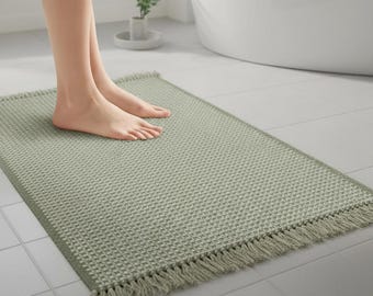 Getextureerde katoenen badmat met franje – zacht antislip badkamertapijt, neutraal spadecor