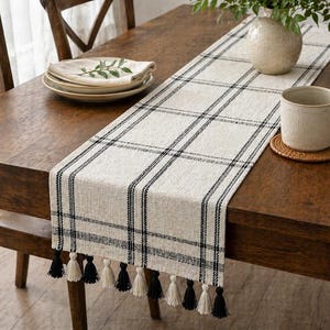 Striped Table Runner with Tassels – Handmade Cotton  Farmhouse Dining Decor