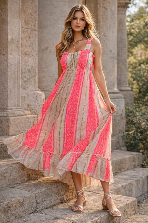 striped boho maxi dress Pink Dress, Flowy Ruffle Hem Summer Sundress Beach Vacation Floral Dress group:K1603-PL Color:burgundy 34 Full Length