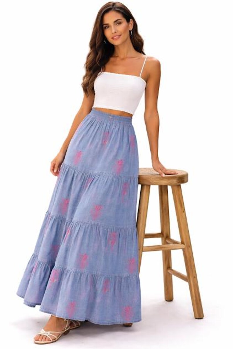 Palm Tree Embroidered Cotton Maxi Skirt | Boho Summer Wear | Elastic Waist Women Skirt image 10