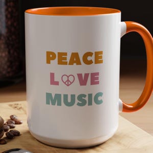 Peace Love Music Coffee Mug: Retro Vibe Ceramic Cup