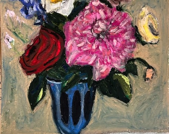 En Flor – Pintura original al pastel sobre papel (8x11) / Bodegón floral colorido / Ramo expresionista texturizado