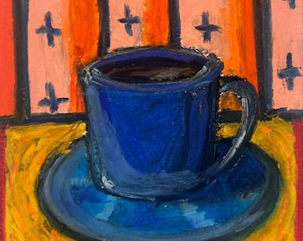 Coffee Cup Oil Pastel Painting #1 | Original Coffee Wall Art