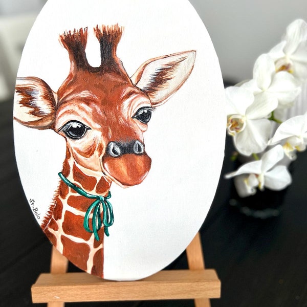 The ''Giraffe Mädchen''. Gemälde, oval, 20*30cm. Geschenkidee, Wanddecoration, Homedecor.