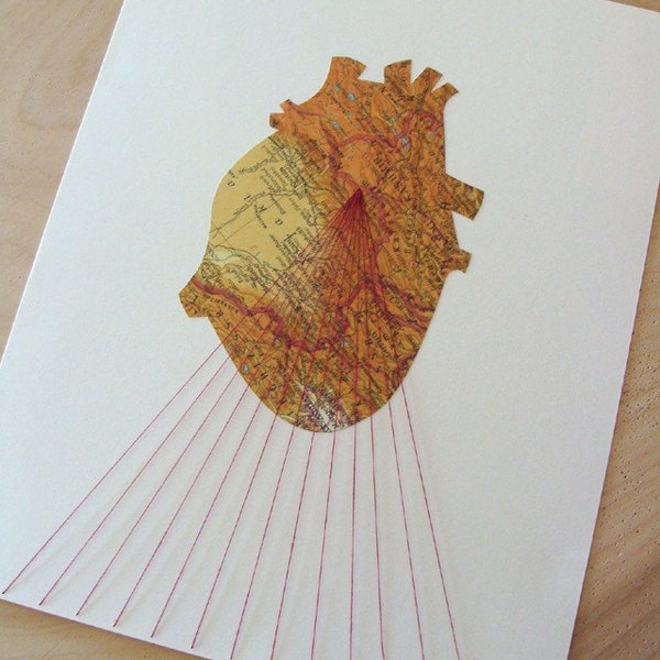 SALE - Original Embroidered Map Collage 8 x 10 - Warm Heart (Lg) 4\/4