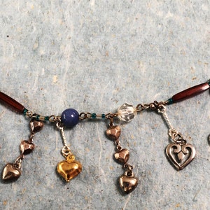 Love Charm bracelet of 11 miniature hearts on unusual colorful chain ...light and fun image 2