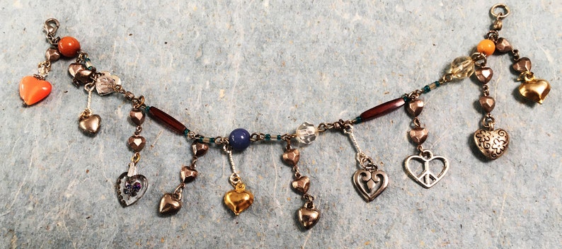 Love Charm bracelet of 11 miniature hearts on unusual colorful chain ...light and fun image 2