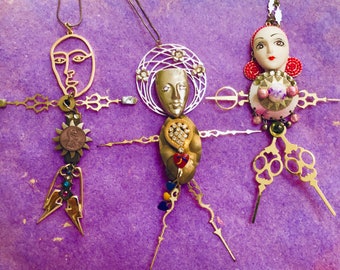 Two Assemblage Art Doll Pendants