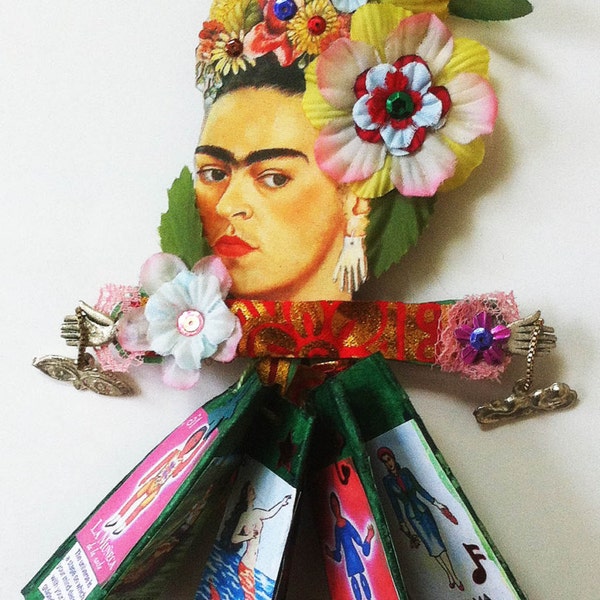 Diva, doll/book representing Frida Kahlo, loteria cards as pages, doll, unique book, Frida Kahlo,wall hung doll, table top doll on hanger