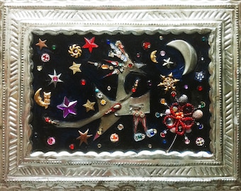 BINDI BIRD, assemblage, collage, tin bird, vintage tin frame, jewels and bindis. bird, wall hung, table display,unique art, ooak, moon,stars