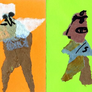 May include: Two abstract figures made of paper scraps on a background of orange and green. The figure on the left is brown with a white and blue top. The figure on the right is brown with a blue top and a brown head.