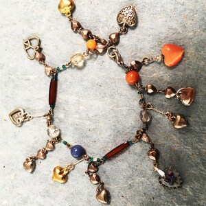 Love Charm bracelet of 11 miniature hearts on unusual colorful chain ...light and fun image 3
