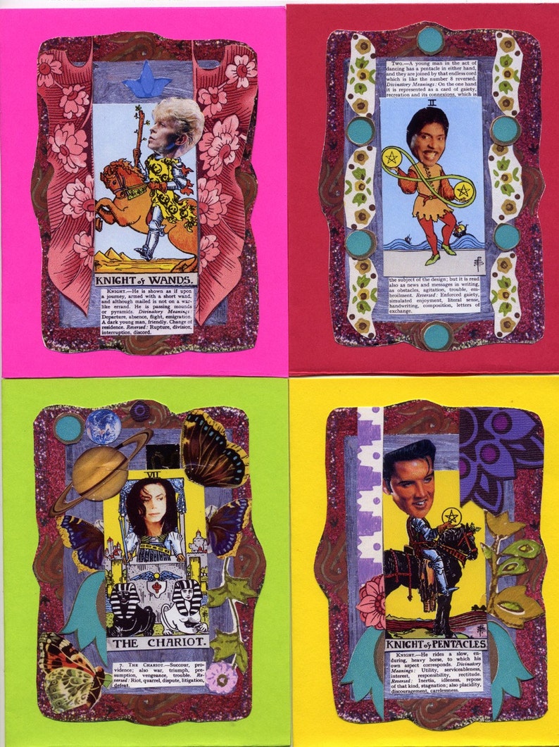 4 Rock and Roll Tarot Greeting Cards, blank inside, with envelopes, rock and roll, cards, embellished with sequins, unique fun notecards image 1