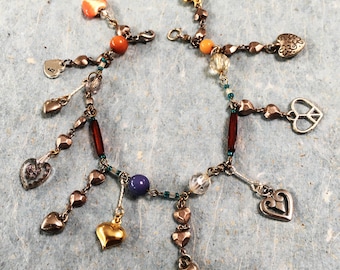 Love Charm bracelet of  11 miniature hearts on unusual colorful chain ...light and fun